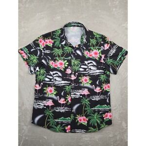 Simmashah Hawaiian Shirt Mens L Black Flamingo Tropical Floral Short Sleeve Poly